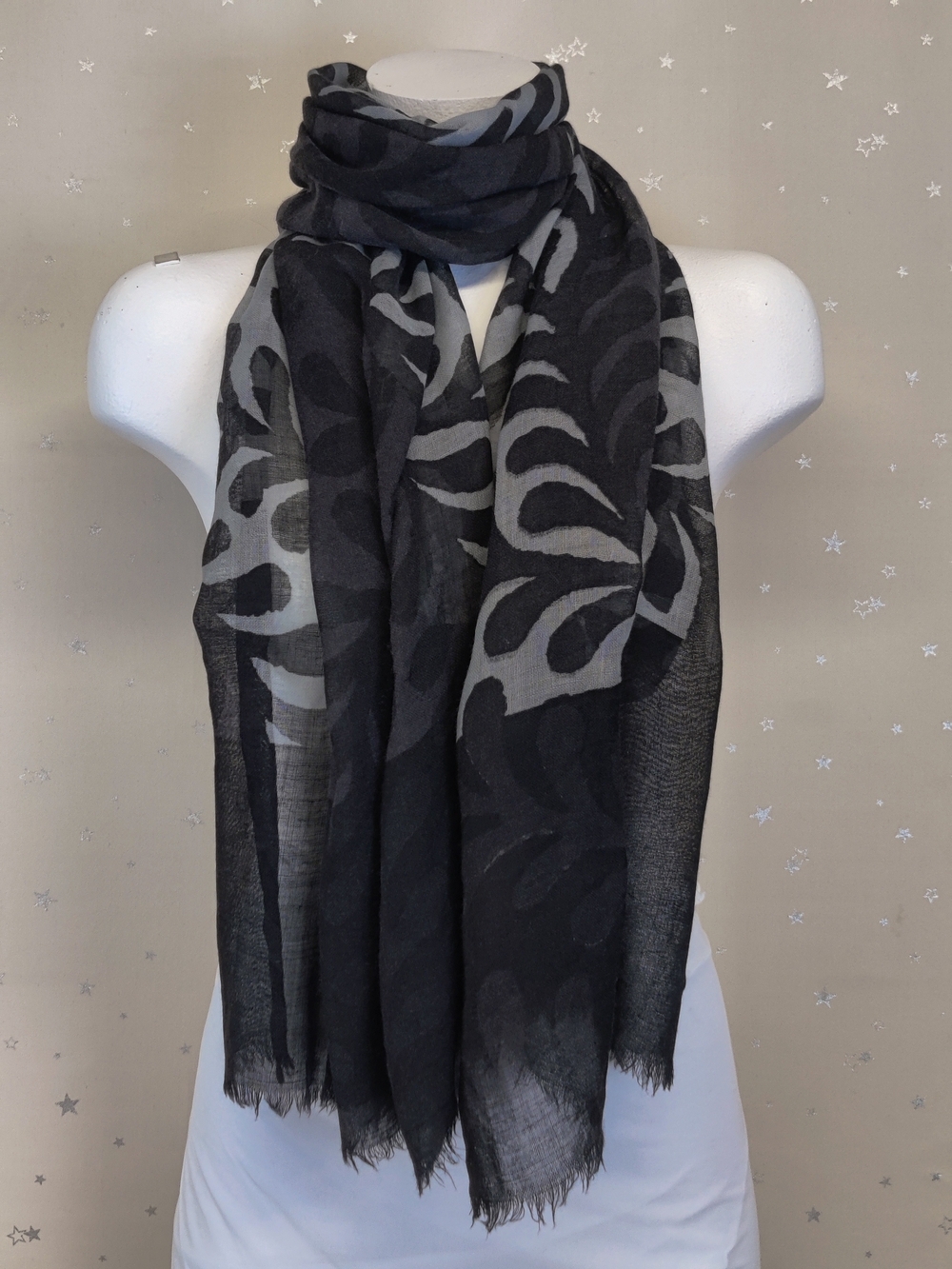 100% Wool Oversized Scarf Wrap Black Gray Fern Print 29x70 by Naturally Knotty